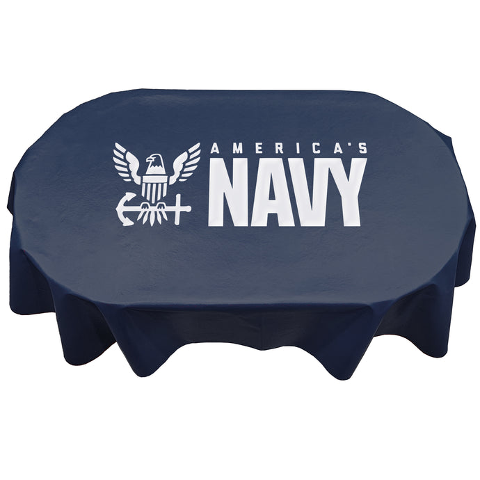 vinyl table cover with logo on an oval table