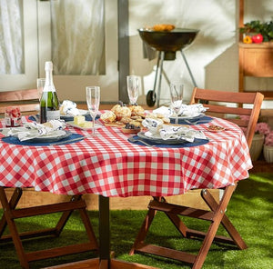 chewckered oval tablecloth outdoors