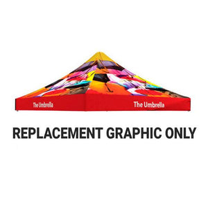 Image of the top of a fully branded tent with the words "replacement graphic only" below