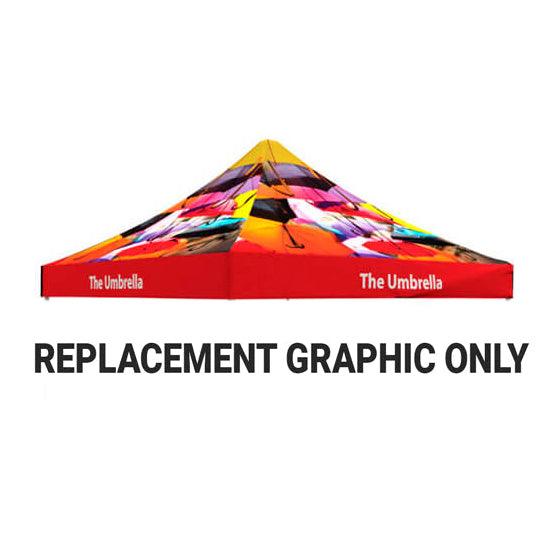 Image of the top of a fully branded tent with the words 