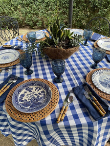 Round blue and white checkered tablecloth