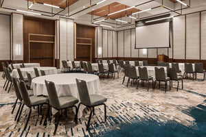 blank tablecloths at a seminar room