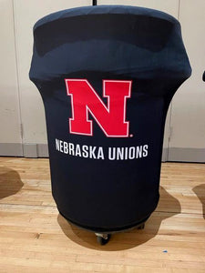 Black Spandex trash can cover with 2 color center logo for the University of Nebraska