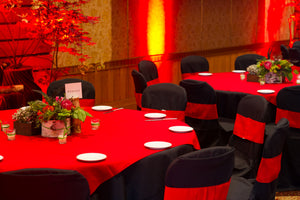 red tablecloths rented for a wedding reception