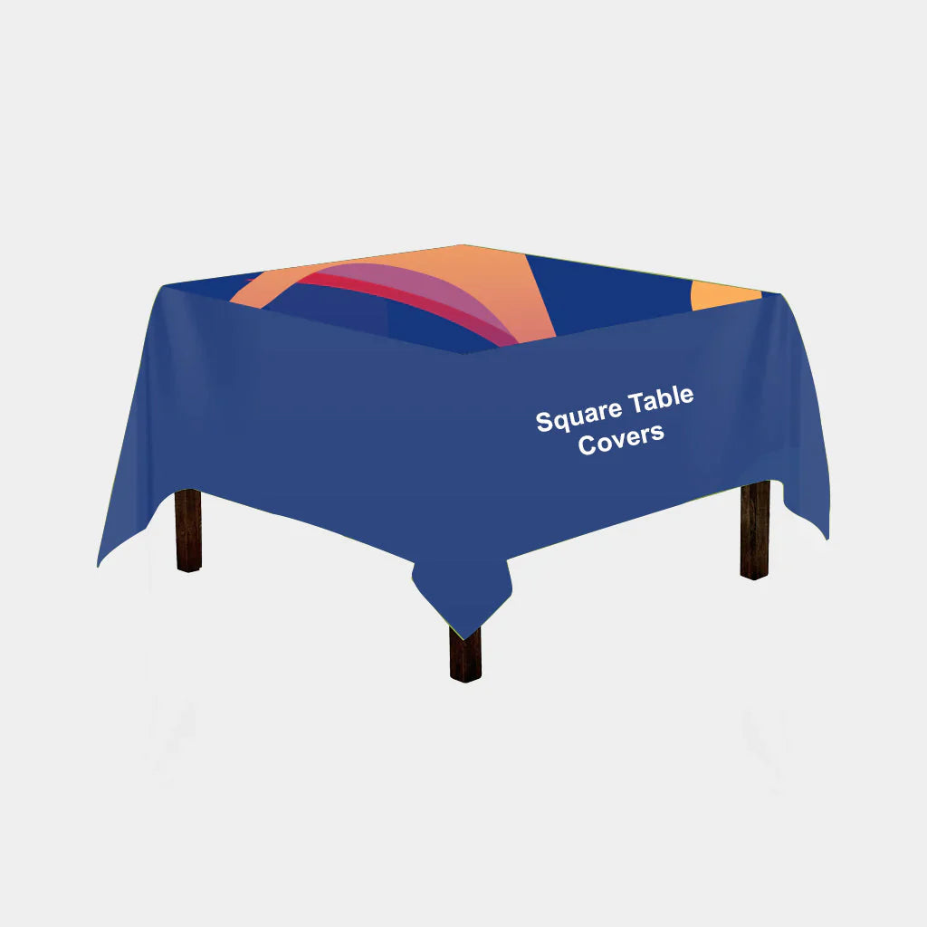square trade show tablecloth with logo on a display table