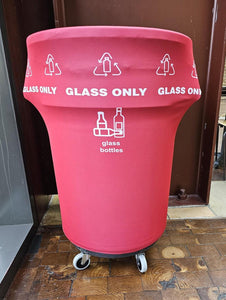 Pink custom-printed trash can cover used for glass recyclables
