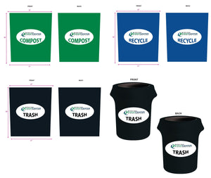 Mock-ups of Blue, Black, and Green trash can cover art sent for event center