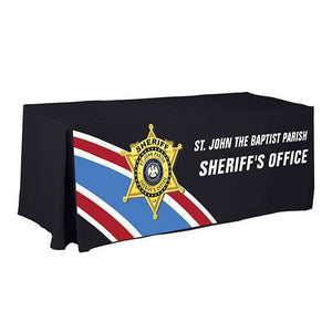 4' Black front panel printed Multi colored tablecloth for a Sheriff's Department