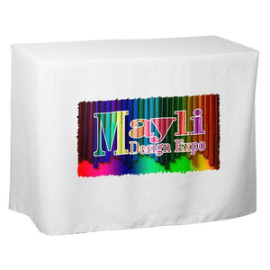 White 4 foot fitted tablecloth with full color print