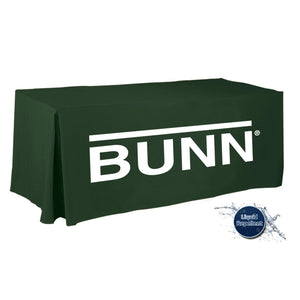 4-ft printed Liquid Repellent Fitted tablecloth with 1-color front panel art for Bunn Corporation