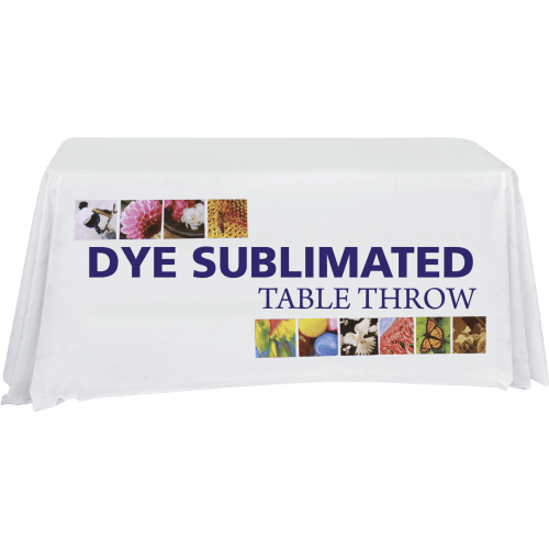 White dye sublimated table throw with full color front panel print