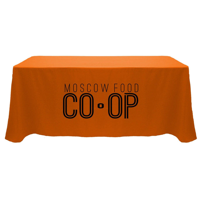 4 foot Orange custom printed table throw with one color logo for the Moscow Food Co-op