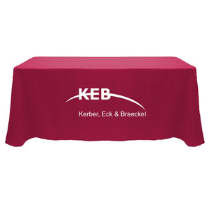 4 foot Burgundy custom branded table throw with White logo for KEB Law Firm