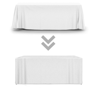 Visuals of white convertible tablecloths in fitted and regular versions
