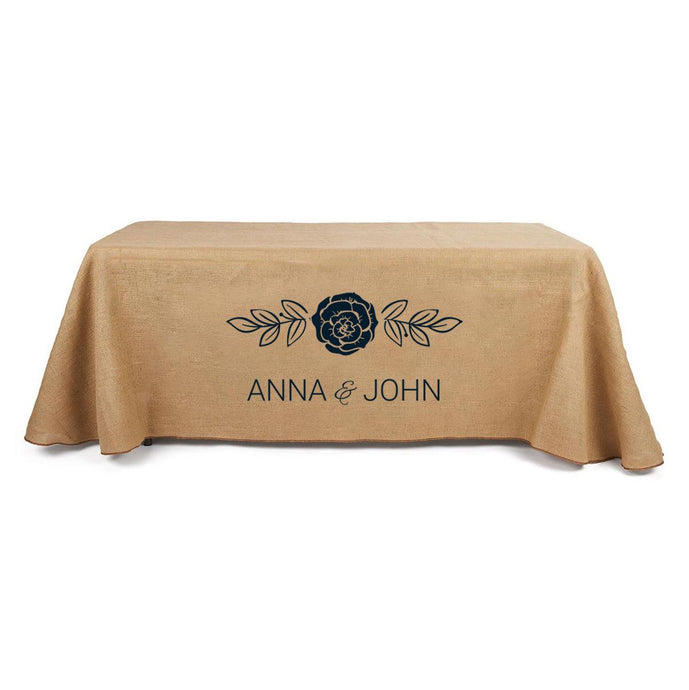 Printed 5-foot Burlap tablecloth with front panel print for a wedding