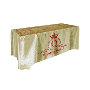 Gold color fitted tablecloth mock-up with print on top and front 