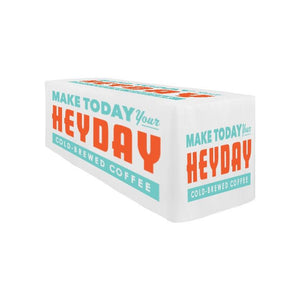 Custom-printed table cover for Hey Day Coffee