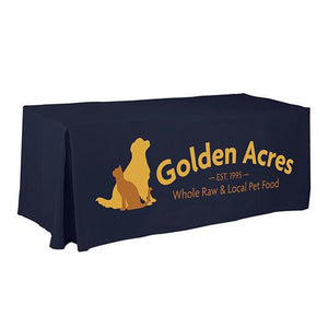 Custom branded 5-foot-fitted tablecloth for Golden Acres