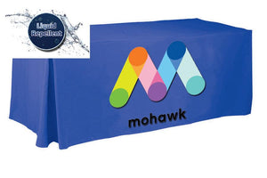 Mock Up of a Blue 5' Custom Printed Liquid Repellent Fitted Table Cover for Mohawk the paper company
