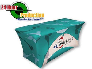  Spandex 5-foot tablecloth with full-color print and 24-hour production graphic above. 