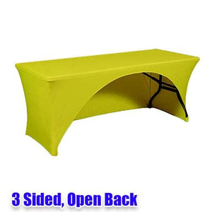 Image of the backside of a Green five foot 3 sided open back Spandex tablecloth