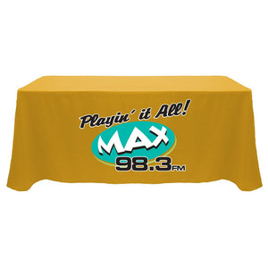 Orange custom-branded table throw with 3 color print for Max Radio Station