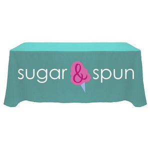 Custom branded 5' table cover with 4 color print on the front panel for Sugar and Spice candy shops