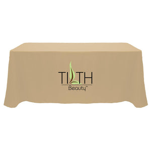 Custom printed one-color front panel fitted table cover for Tilth Beauty