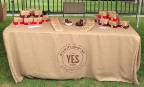 Printed Natural color Burlap Table Cover with single color print for the Yes Nutritional bar