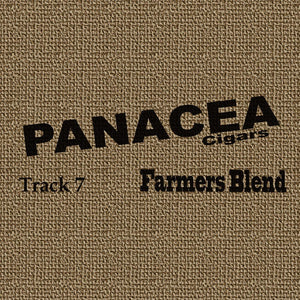 Close up of the Panacea corporate logo in black on a custom burlap table cover