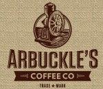 Close-up of a Burlap tablecloth with black print for Arbuckle's Coffee