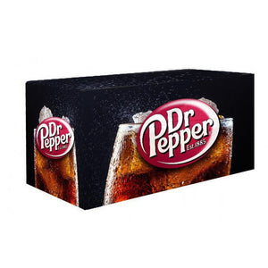 Custom fitted 6-foot tablecloth with all-over print for Dr. Pepper cola
