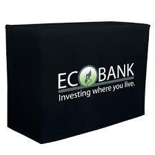 Black 6-foot custom-printed table cover for Eco Bank