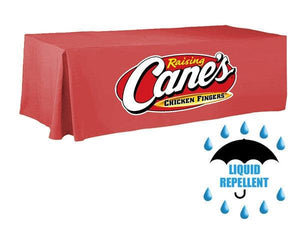 Liquid repellent table cover with pleated corner custom printed for Raising Canes Chicken Fingers