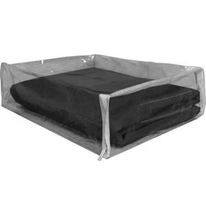 Clear vinyl carry case with folded black  table throw inside