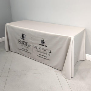 6 foot Custom printed rectangular tablecloth with front panel 2 color and 2 location print