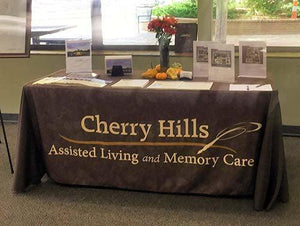 custom printed table throw with center logo for the Cherry Hills Assisted living facility