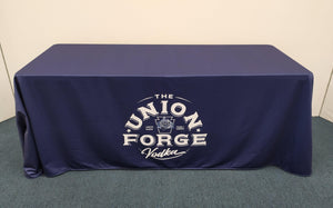 beautiful tablecloth with custom printed logo on blue fabric