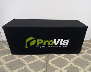 dye sublimation tablecloth with logo printed on black fabric