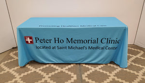 Light Blue corporate table throw with one color black print