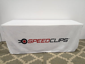6 Foot fitted logo tablecloth, white fabric, with business graphics