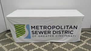 Fitted logo table cover, with graphics of the company on the front panel