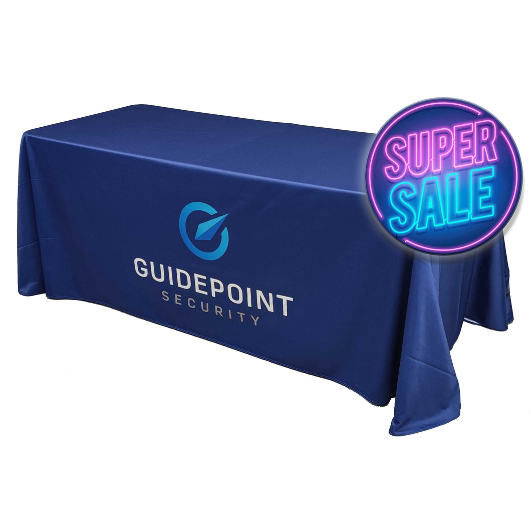 6 Foot tablecloth with printed logo in the center, blue fabric table cover with company logo 