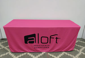 Custom hotel logo printed on a Pink 6-foot fitted tablecloth 
