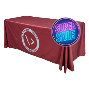 6 Foot tablecloth with Printed Scholastic logo, red fabric with White graphics