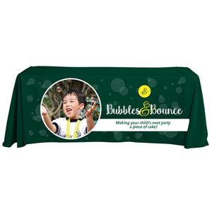 6 Foot Table throw with dye sublimation logo on green Polyester fabric