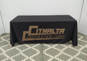 6 foot Custom Prrinted table throw, black fabric, tan colored graphics