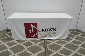 Tablecloth with logo, white fabric, crown image and text