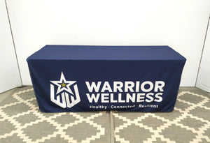 promotional logo tablecloth, white graphics on blue fabric