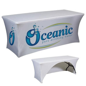 White table covers with blue logo on the front for Oceanic pure drinking water, open back style